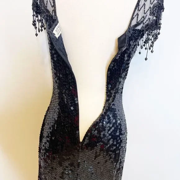 Vintage 90s Size 10 Niteline Sequin Formal Dress Flashy Gown Beaded Fringe - Picture 7 of 8
